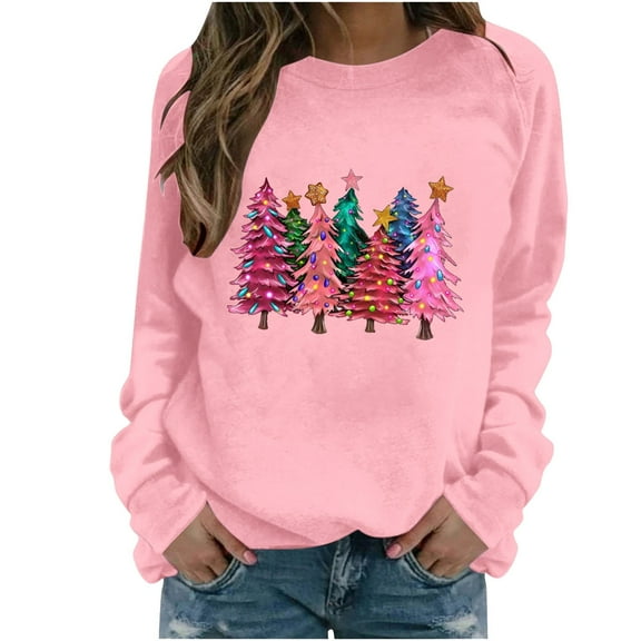 Dgankt Christmas Blouses for Women Round Neck Christmas Printed Tops Long Sleeved Shirts,Sizes S-2XL