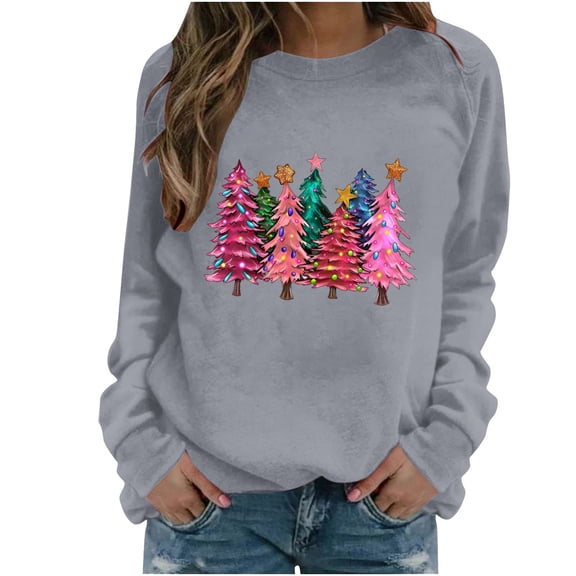 Dgankt Christmas Blouses for Women Round Neck Christmas Printed Tops Long Sleeved Shirts,Sizes S-2XL