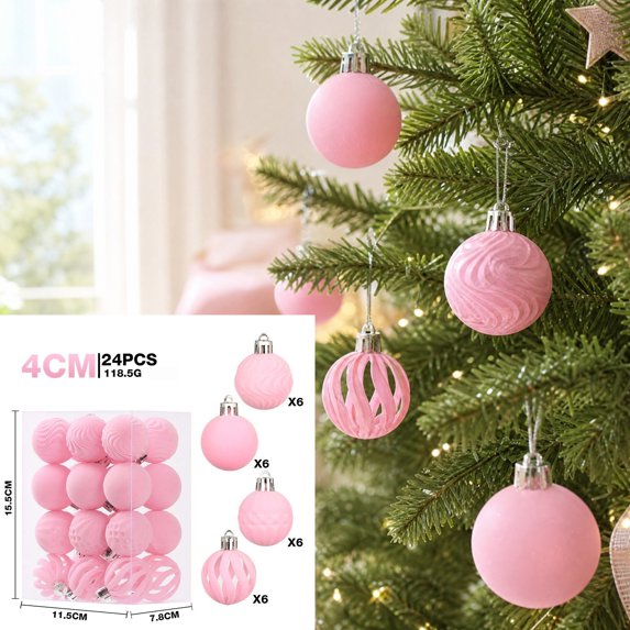 Dgankt Christmas Ornament 24 Pcs Flocked Christmas Balls Velvet Shatterproof Ornaments for Christmas Tree Decor Pink
