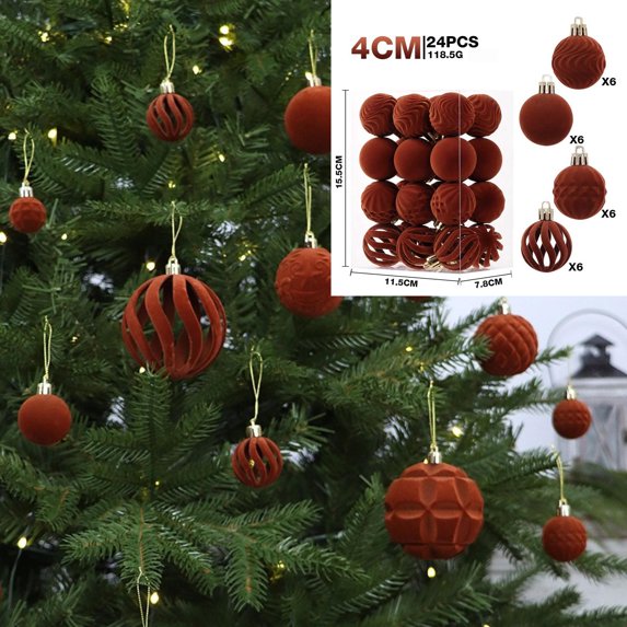 Dgankt Christmas Ornaments Set 24 Pcs Flocked Christmas Balls Velvet Shatterproof Decorations for Christmas Tree Decor Brown