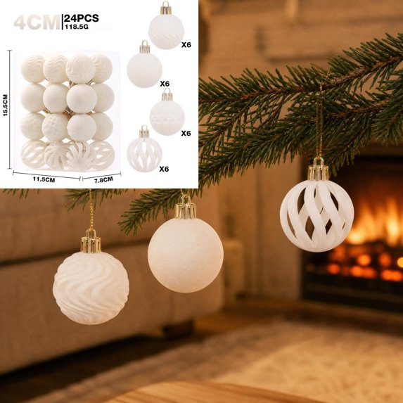 Dgankt Christmas Tree Decor 24 Pcs Flocked Christmas Balls Velvet Shatterproof Ornaments for Christmas Tree Decorations White
