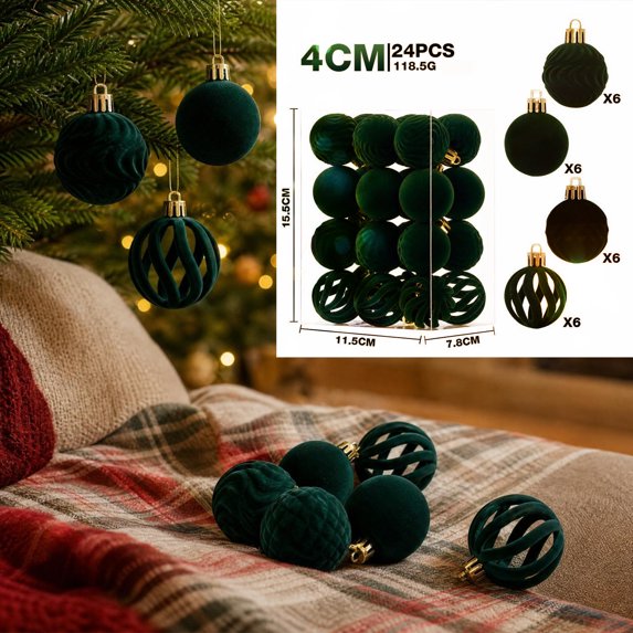 Dgankt Christmas Tree Ornaments 24 Pcs Flocked Christmas Balls Velvet Shatterproof Decorations for Christmas Tree Decor Green