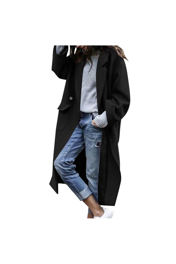Coats for Women Casual Oversized Notched Collar Single Breast Midi Long Trench Coat,Sizes S-2XL
