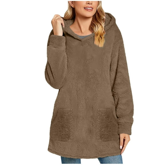 Dgankt Coats for Women Solid Color Hooded Loose Fitting Pullover Jacket Long Sleeved Hooded Top,Sizes S-2XL