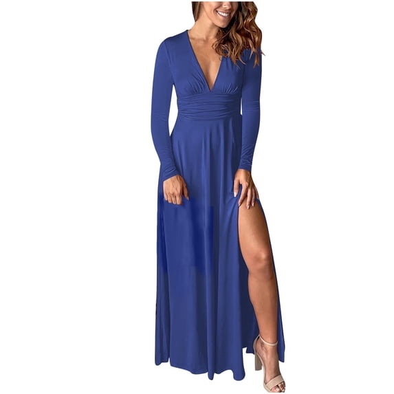 Dgankt Cocktail Dresses for Women Maxi Bodycon Solid Deep V Neck Long Sleeve Ruched Slit Club Party Evening Dress,Sizes S-2XL