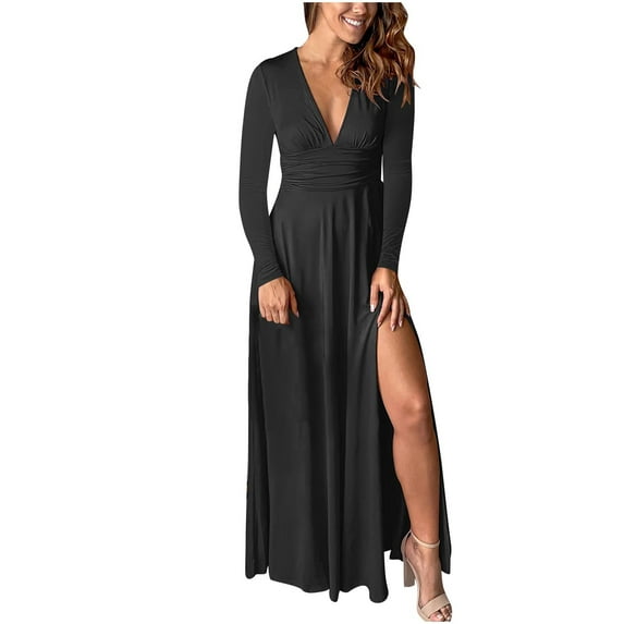 Dgankt Cocktail Dresses for Women Maxi Bodycon Solid Deep V Neck Long Sleeve Ruched Slit Club Party Evening Dress,Sizes S-2XL