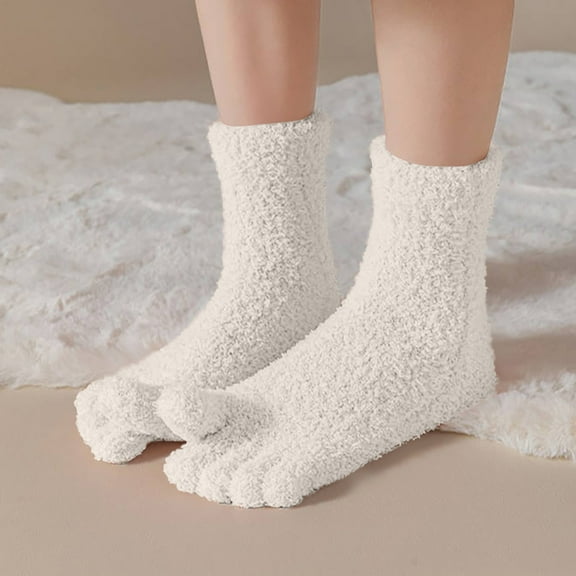 Dgankt Crew Socks for women Solid-Color Socks Five-Toe Socks with Fleece Lining Thickened Coral Fleece Separate-Toe Socks