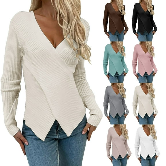 Dgankt Cropped Sweater Women Fall Winter Tops Sexy V-Neck Sweater Knit Wrap Tops for Women Slim Fit Pullover