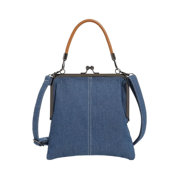 Dgankt Denim Crossbody Tote Bag for Women, Mini Blue Denim Kiss Lock Purse & Handbag Accessory,Gifts for Women