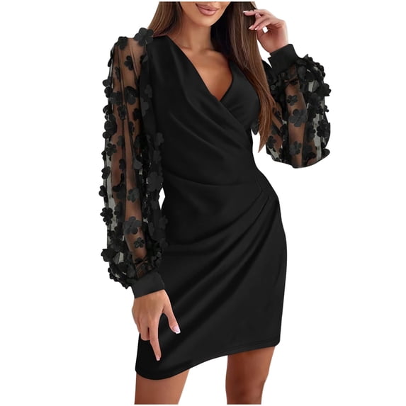 Dgankt Dress for Women Bodycon Solid V Neck Long Sleeve Lace Sheer Wrap Waist Holiday Party Mini Dress,Sizes S-2XL