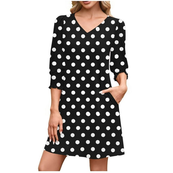 Dgankt Dress for Women Loose-Fit Polka Dot V Neck 3/4 Puff Sleeve Pocket Casual Daily Mini Dress,Sizes S-2XL