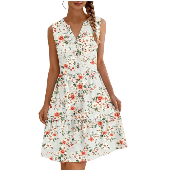 Dgankt Dresses for Women Women's Cream Red Small Floral Print V-Neck Sleeveless Tiered Dress - Button Front Flowy A-Line Dress for Outdoor Music Festivals, Concert Outings & Summer Events S-2XL