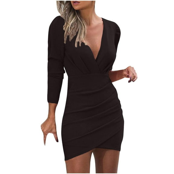 Dgankt Dresses for Women Deep V Neck Long Sleeve Knee-High Ruched Bodycon Mini Party Dress,Sizes S-2XL