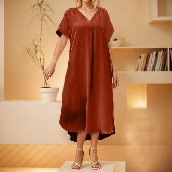 Dgankt Dresses for Women Ladies Casual-neck Short Sleeve Irregular Hem Dress