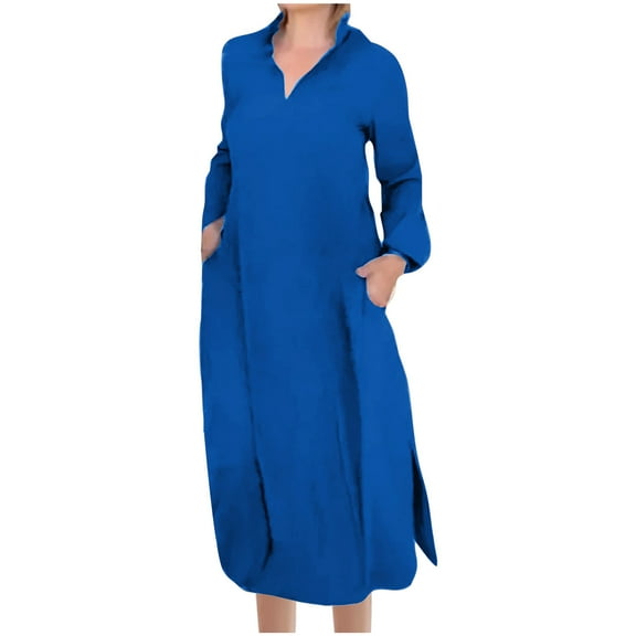 Dgankt Dresses for Women Spring and Summer Midi Loose-Fit V Neck 3/4 Sleeve Pocket Slit Casual Daily Dress,Sizes S-3XL