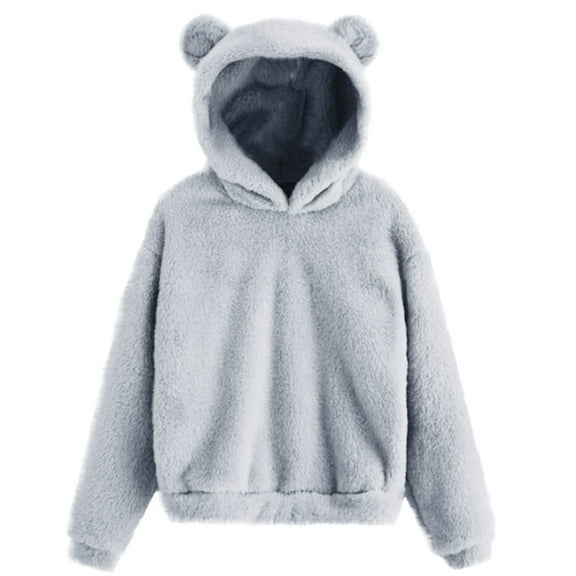 Dgankt Fall Fashion 2PC Women's Solid Color Cute Teddy Bear Long-Sleeve Fleece Hoodie with Ears