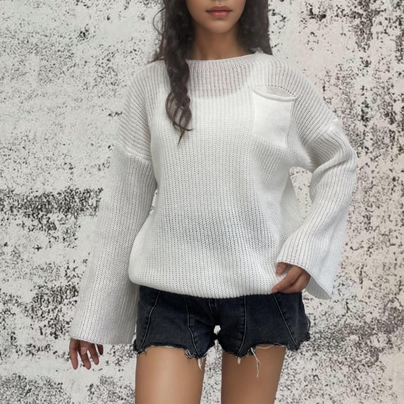 Dgankt Fall Sweaters Women Casual Round Neck Pocket Solid Color Long Sleeved Loose Top Round Neck Sweater,Size S-2XL