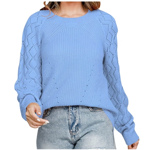 Dgankt Fall Sweaters for Women Sweaters Cute Elegant Soft Crewneck Long Sleeve Solid Color Hollow Cable Knit Pullover Sweater,Size S-2XL