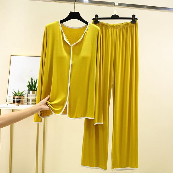 Dgankt Fall Pajamas Women Pajamas Long Sleeved Casual Thin Style Large Size with Chest Pad Home Clothing Set,Size L-2XL