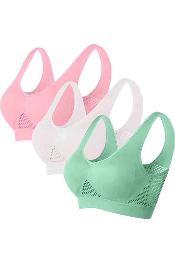 Fashion Clothing Women's 3-Pack Racerback Breathable Mesh Sports Bra - Seamless Wireless Padded Bralette for Teen Girls, Dance Class, School PE, Loungewear & All-Day Active Comfort S-5XL