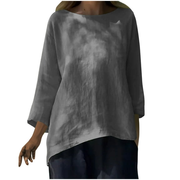 Dgankt Going Out Tops for Women Women's Linen Shirt 3/4 Sleeve Blouse Long Crew Neck Shirt Solid Color Comfortable