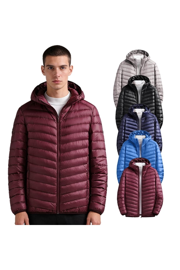 Dgankt Jackets for Men Men's Lightweight Water-Resistant Packable Hooded Puffer Jacket Solid-Color Zipper-Pocket Coat