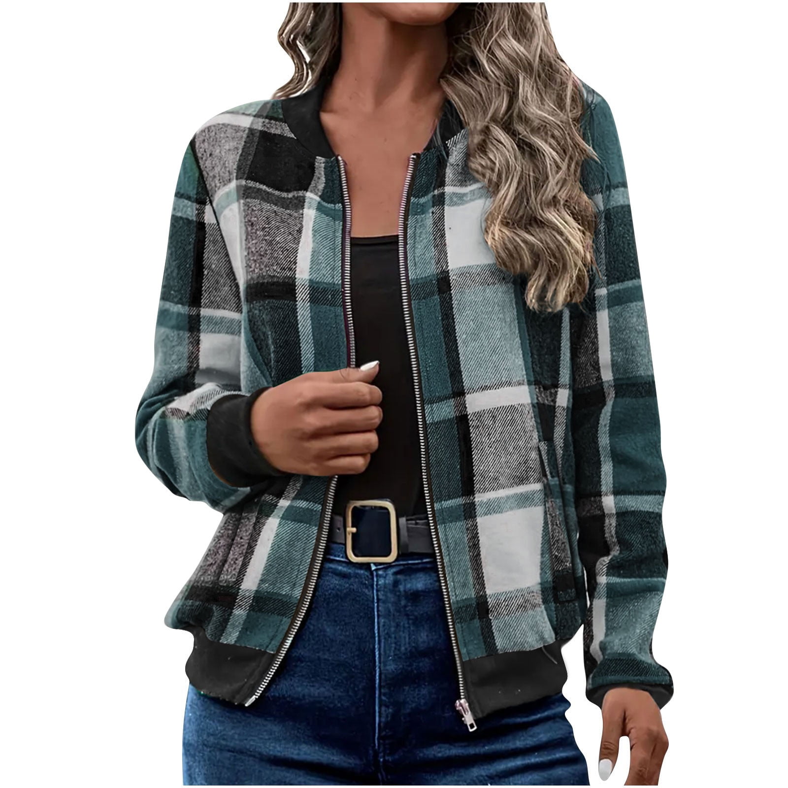 Dgankt Jackets for Women Casual Fashion Plaid Jacket Zip-up Cardigan ...