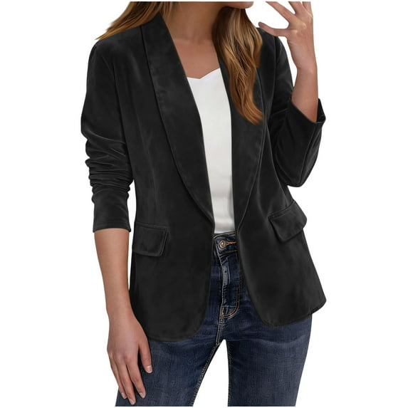 Dgankt Jackets for Women Solid Color Velvet Open Front Blazer Long Sleeve Casual Office Jacket with Pockets,Sizes S-2XL
