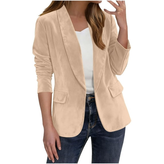 Dgankt Jackets for Women Solid Color Velvet Open Front Blazer Long Sleeve Casual Office Jacket with Pockets,Sizes S-2XL