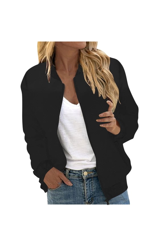 Jackets for Women Textured Knit Bomber Jacket Zip-up Casual Long Sleeve Lightweight Cardigan Coat,Sizes S-2XL