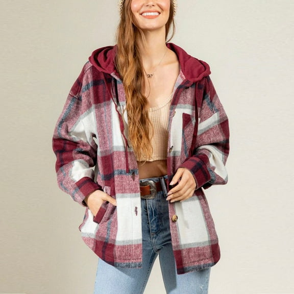 Dgankt Jackets for Women Winter Fashion Hooded Loose Casual Woolen Windproof Plaid Hooded Drawstring Jacket,Size S-XL