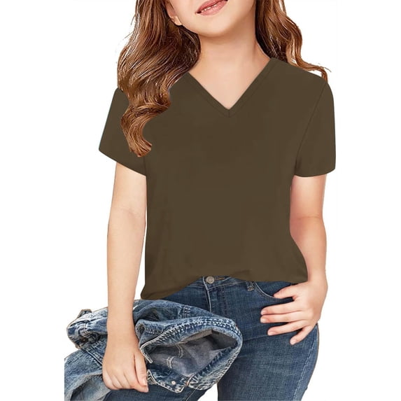 Dgankt Kids Clothes Girls Shirts V Neck Short/Long Sleeve Cotton Tops T-Shirt Basic Tees for 7-11Years