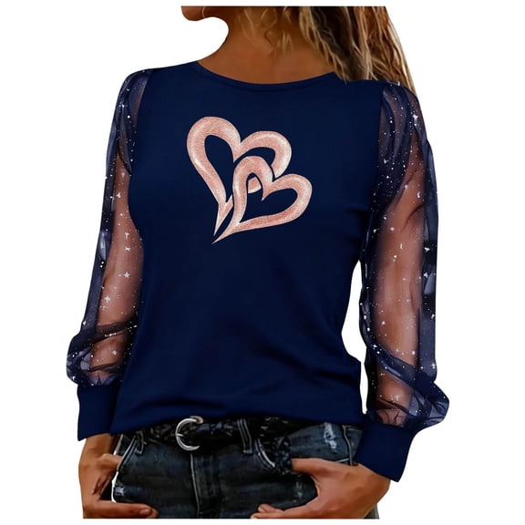 Dgankt Long Sleeve Shirts for Women Valentine's Day Printed Round Neck T-Shirt Sheer Mesh Blouse Top,Sizes S-2XL