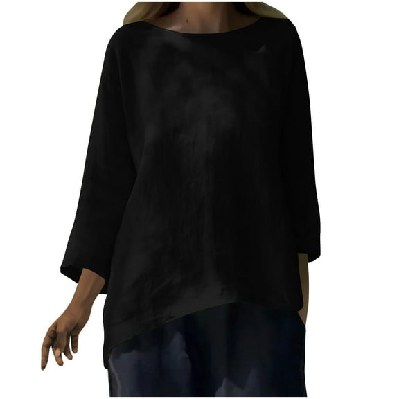 Dgankt Long Sleeve Shirts for Women Women's Linen Shirt 3/4 Sleeve Blouse Long Crew Neck Shirt Solid Color Comfortable