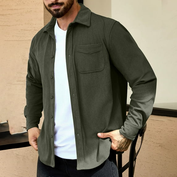 Dgankt Long Sleeve Shirts for Men Vintage Casual Pocket Solid Color Button Lapel Fashion Long Sleeve Cardigan Shirt,Size XS-3XL