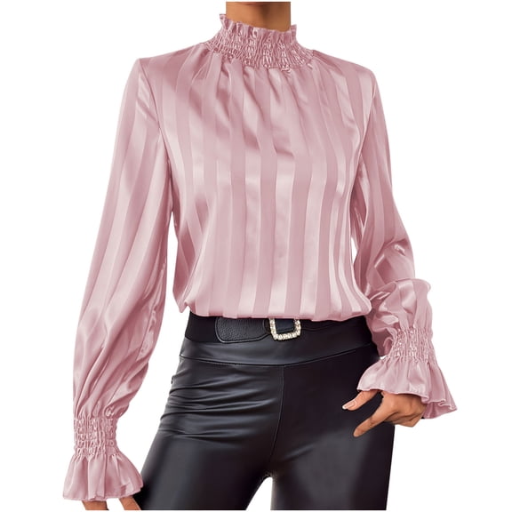 Dgankt Long Sleeve Shirts for Women Ruffle Mock Neck Striped Bell Sleeve Dressy Casual Blouses,Sizes S-2XL