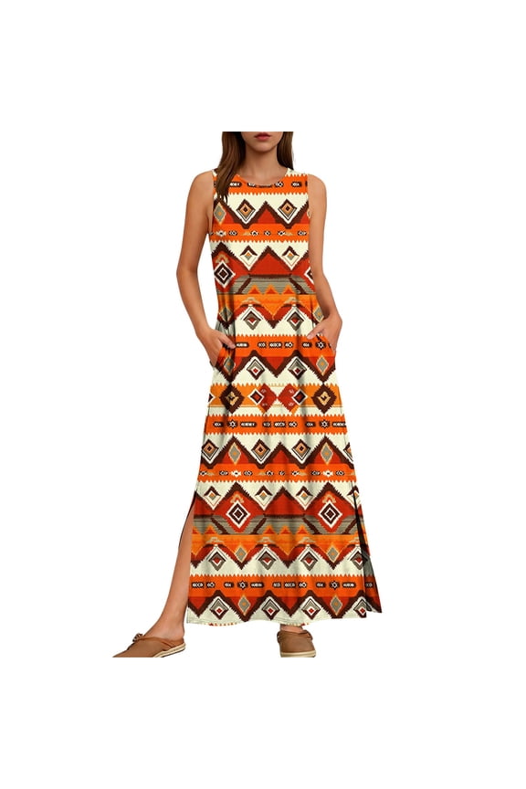 Maxi Dress Women's Multi-Color Southwestern Aztec Print Sleeveless Crew Neck Maxi Dresses - Summer Loose Fit Casual Dresses for Camping Trips, Picnic Days & Casual Meetups S-2XL