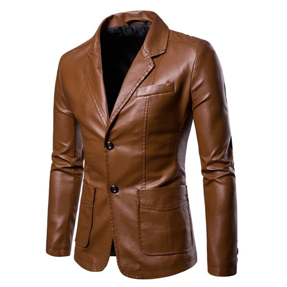 Dgankt Mens Blazer Jacket Leather Blazer for Men - Solod Color Buttoned-Pocket Real Leather Casual Men's Leather Jacket Coats L-4XL