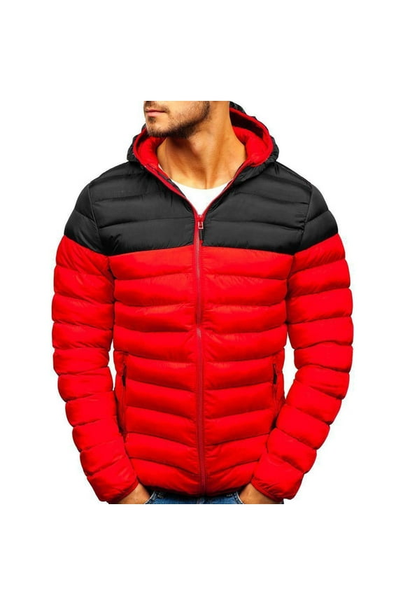 Mens Coats and Jackets Winter Solid Color Hooded Zipper Thickening Trend Down Cotton Coat,Sizes S-3XL