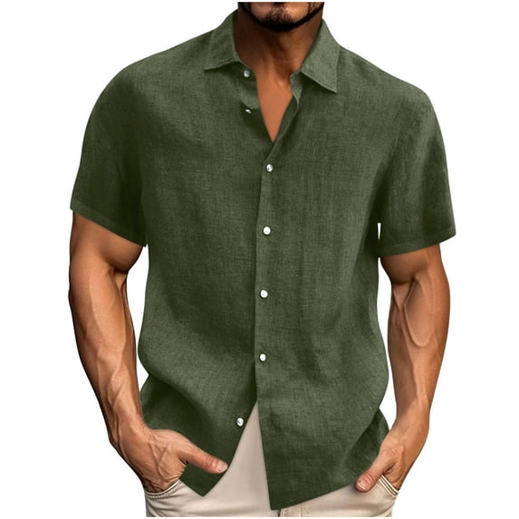 Dgankt Mens Dress Shirts Spring Summer Cotton Linen Solid Turndown Collar Button Short Sleeve Shirt,Sizes S-5XL