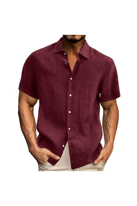 Mens Dress Shirts Spring Summer Cotton Linen Solid Turndown Collar Button Short Sleeve Shirt,Sizes S-5XL
