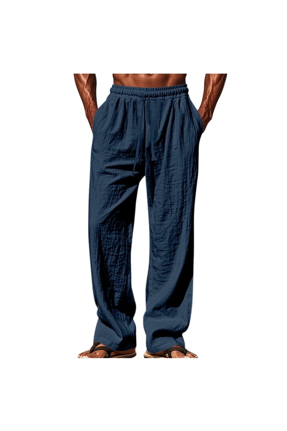 Mens Pants Linen Blend Elastic Waist Loose Fit Beach Trousers,Size M-3XL