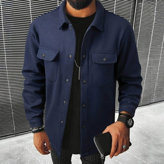 Dgankt Mens Shirts Solid Color Casual Fashion Long Sleeve Button Cardigan Double Pockets Workwear Coat,Size S-2XL