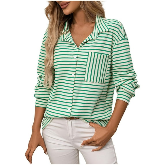 Dgankt Oversized Tshirts for Women Striped Pocket Blouses Long Sleeved Button up Turndown Collar Casual and Fashionable Top,Size S-2XL