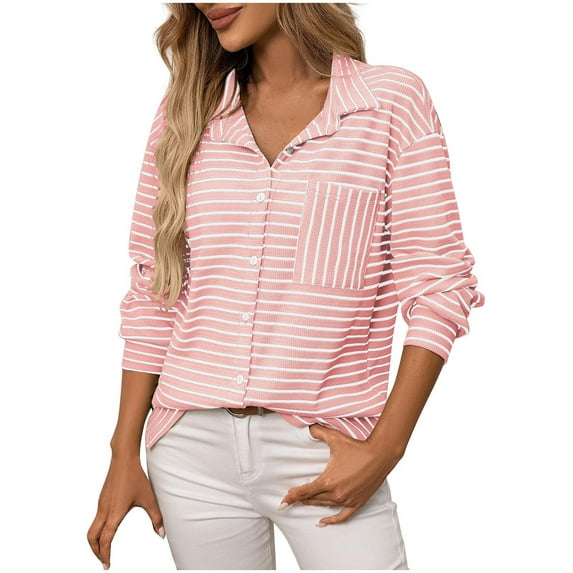 Dgankt Oversized Tshirts for Women Striped Pocket Blouses Long Sleeved Button up Turndown Collar Casual and Fashionable Top,Size S-2XL