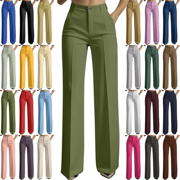Dgankt Pants for Women High Waisted Straight Leg Plus Size Button down Business Solid Dress Pants with Pockets,Sizes S-3XL