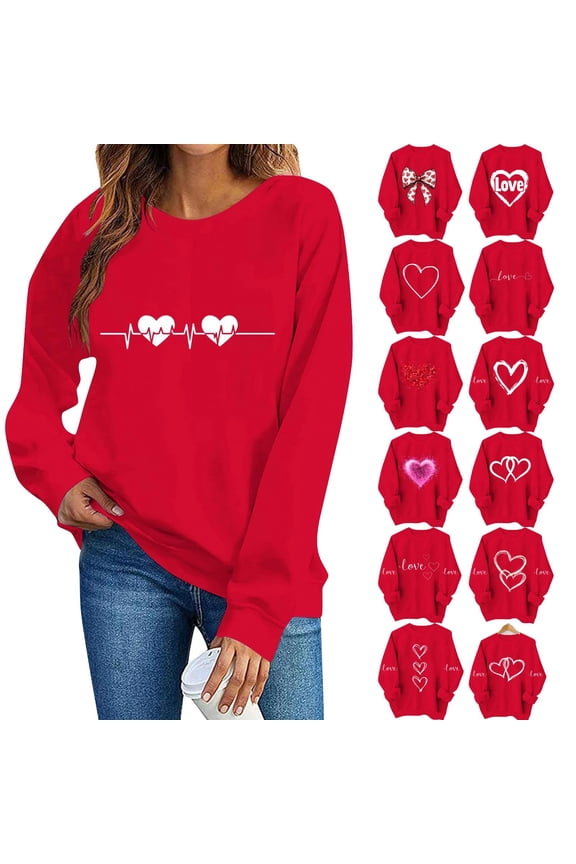 Plus Size Clothes for Women Women's Printed Sweatshirt - Long Sleeve Crew Neck Casual Oversized Vintage Heart Pattern Pullover XS-3XL