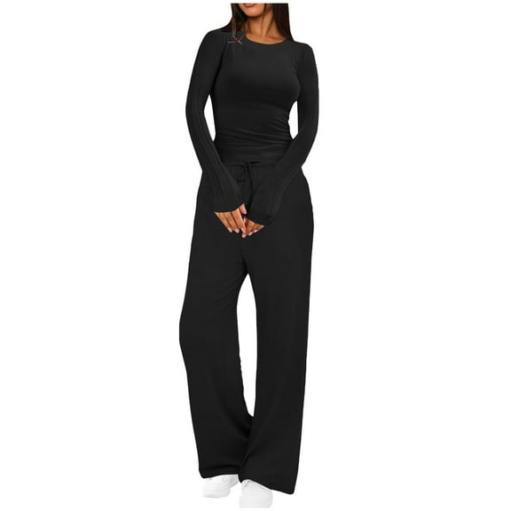 Dgankt Sets for Women Fashion Woman Round Neck Solid Ruched Long Sleeve Blouse Long Pants Elastic Waist Sets,Size S-2XL