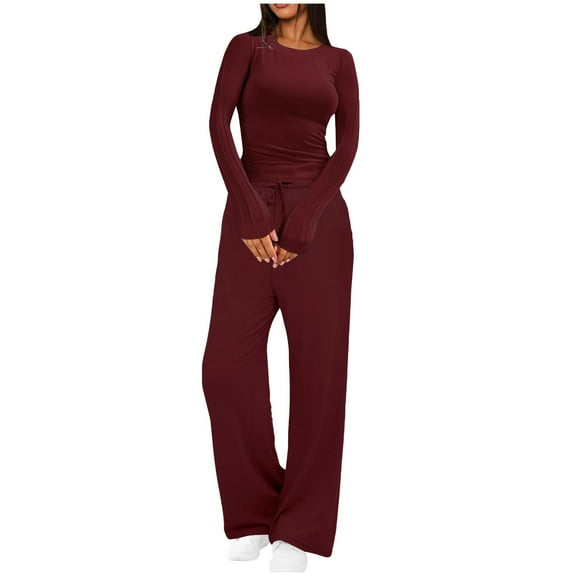 Dgankt Sets for Women Fashion Woman Round Neck Solid Ruched Long Sleeve Blouse Long Pants Elastic Waist Sets,Size S-2XL