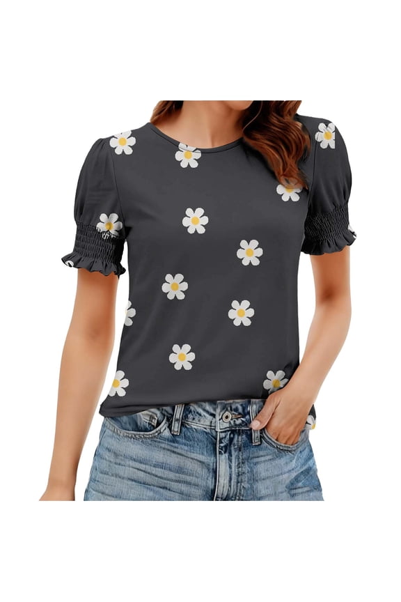 Shirts for Women Women's Multi-Color Daisy Print Scoop Neck Tops - Ruffled Puff Short Sleeve Loose Fit Casual Blouses for Daily Wear & Park Outings S-2XL